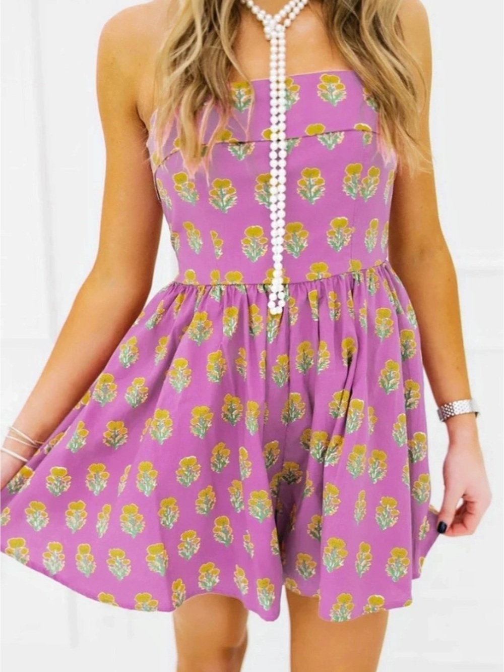 Mable NWT Strapless Floral Romper Purple & Yellow
